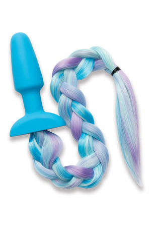 A blue butt plug with a tail