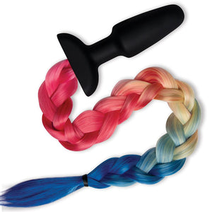 A black butt plug with a tail in rainbow colors