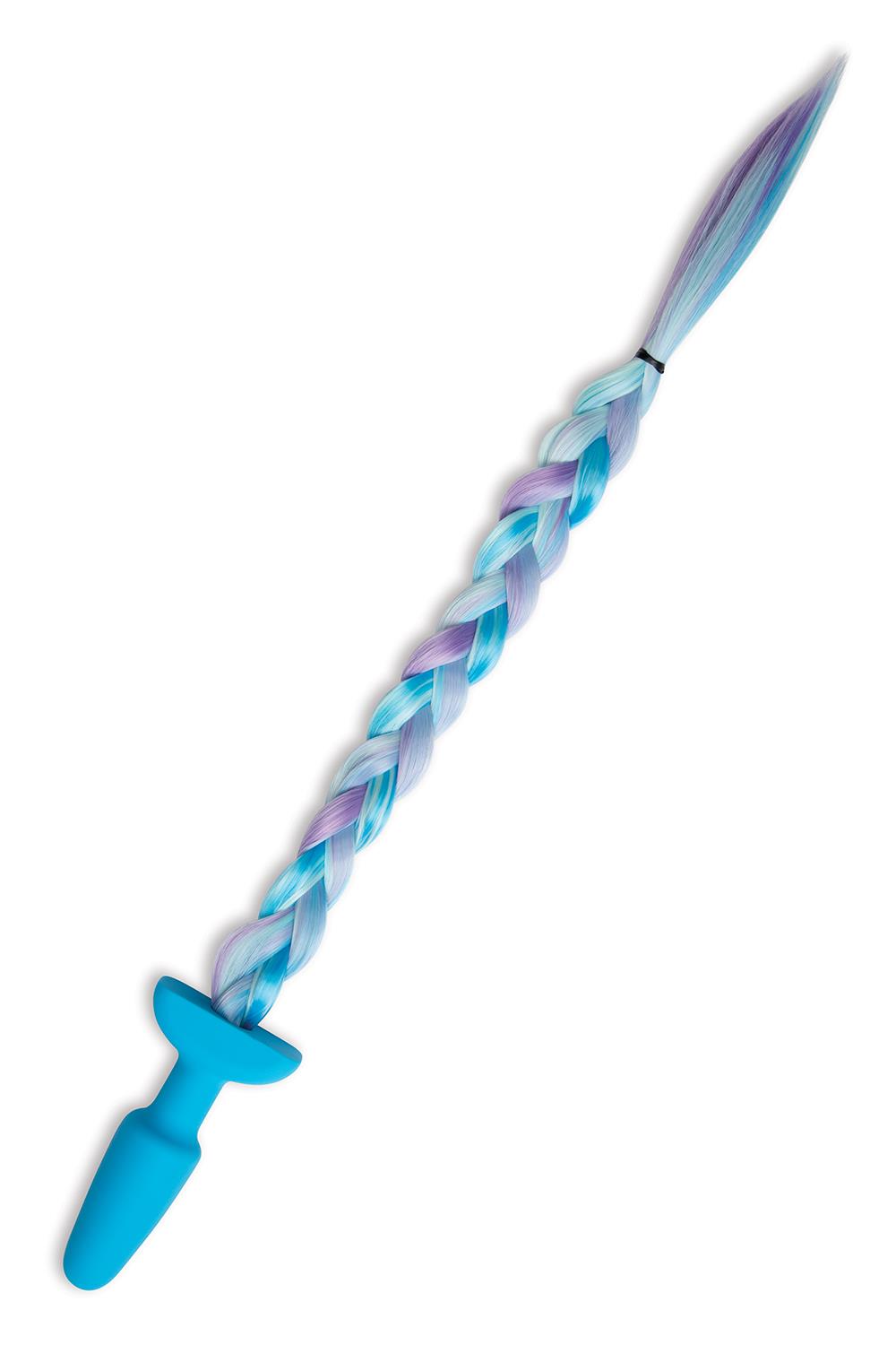 A blue butt plug with a tail