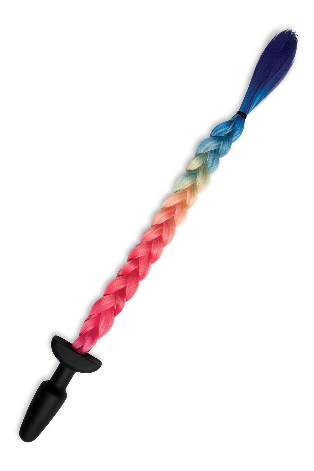 A black butt plug with a tail in rainbow colors
