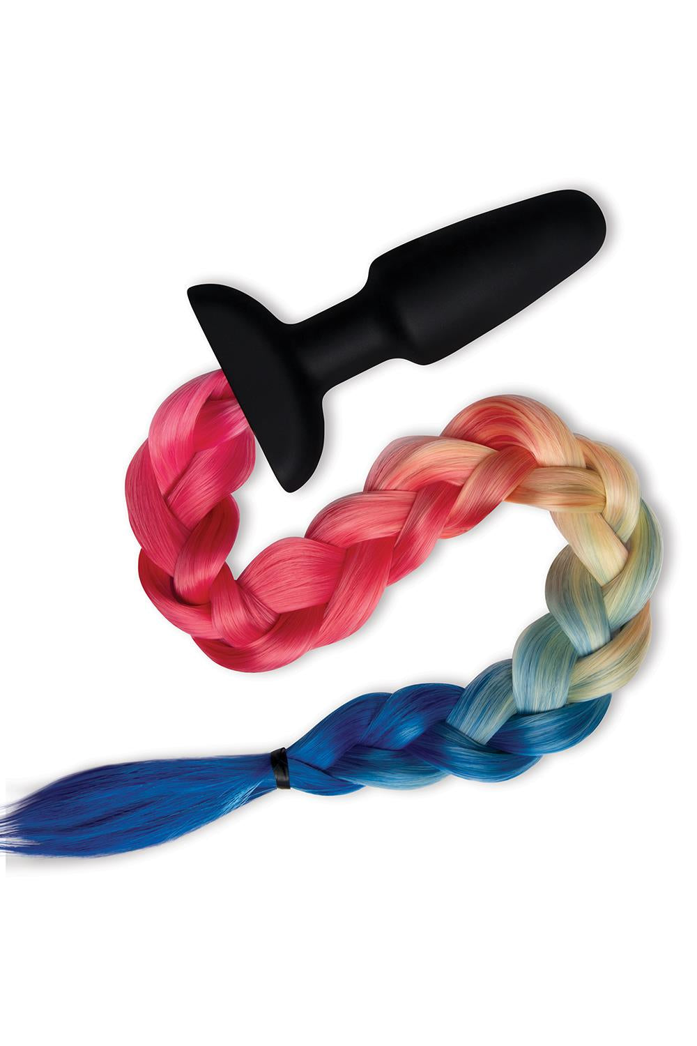 A black butt plug with a tail in rainbow colors