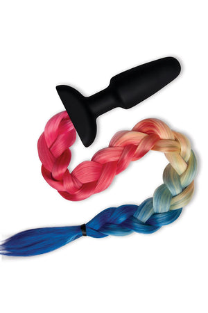 A black butt plug with a tail in rainbow colors