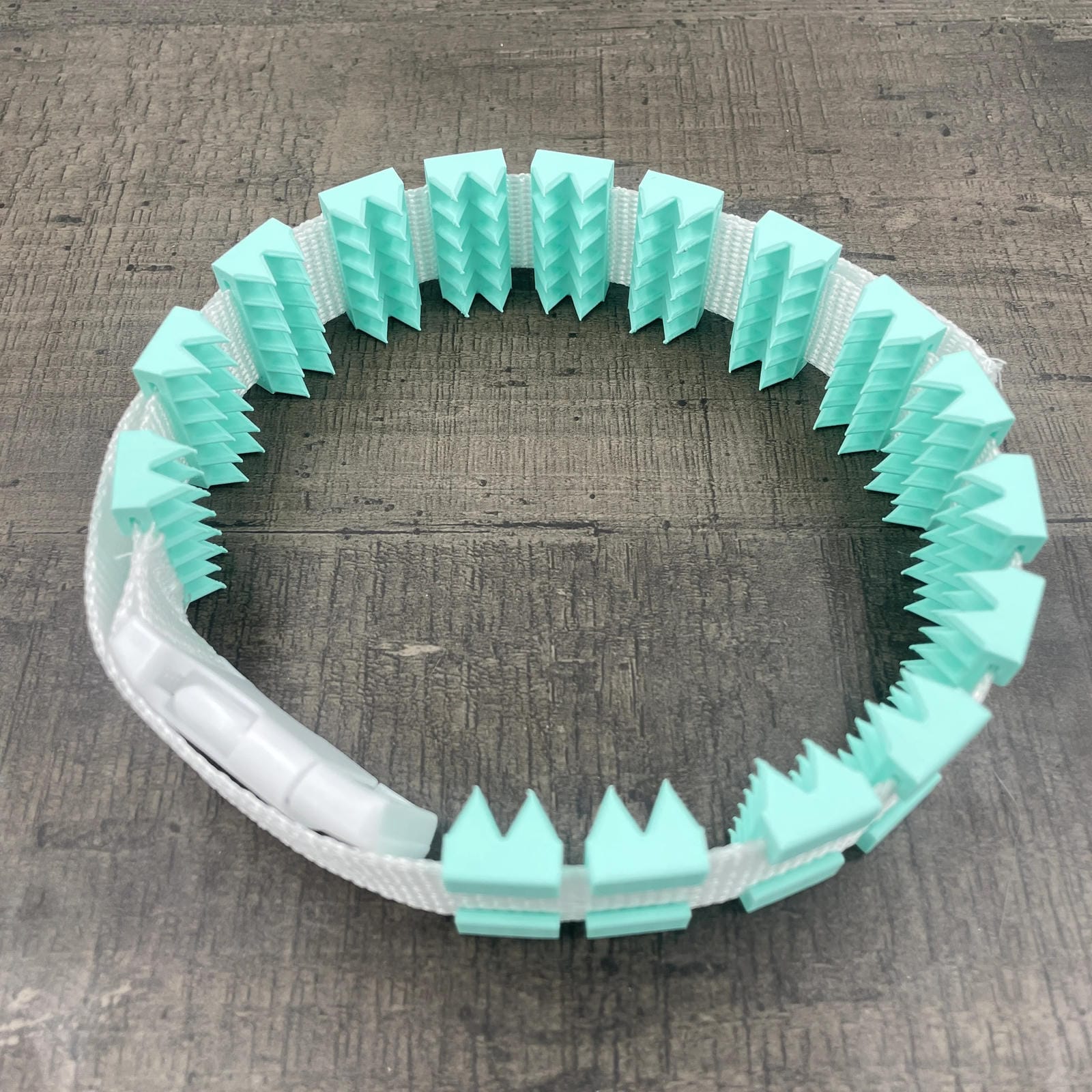 Een BDSM cilice met een witte band en mint-kleurige spikes