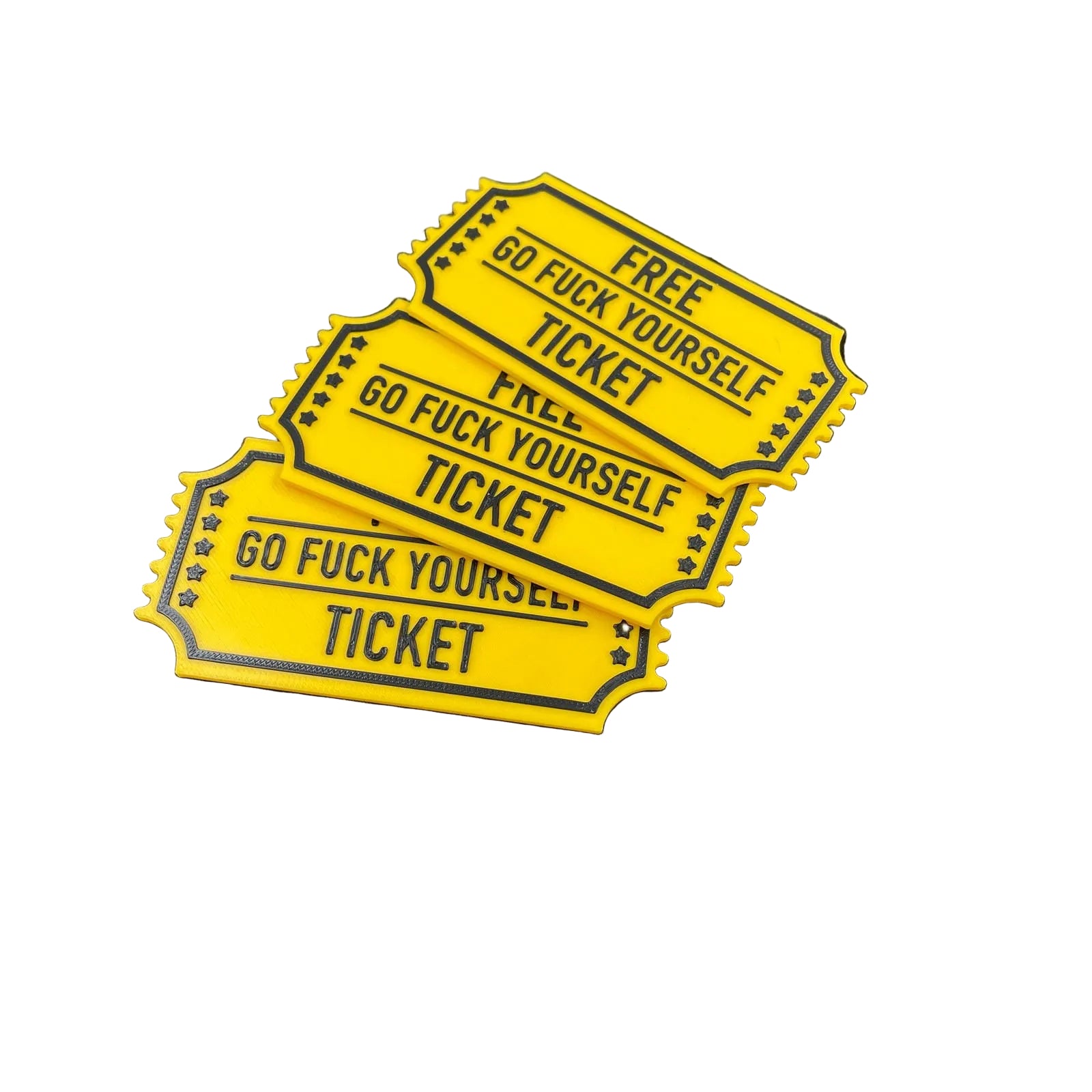 Drie plastic Tickets met de tekst "Free ticket to go fuck yourself"