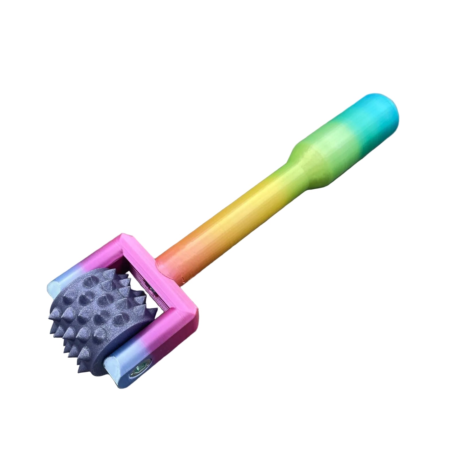 Een BDSM pinwheel met een handvat in regenboog kleuren