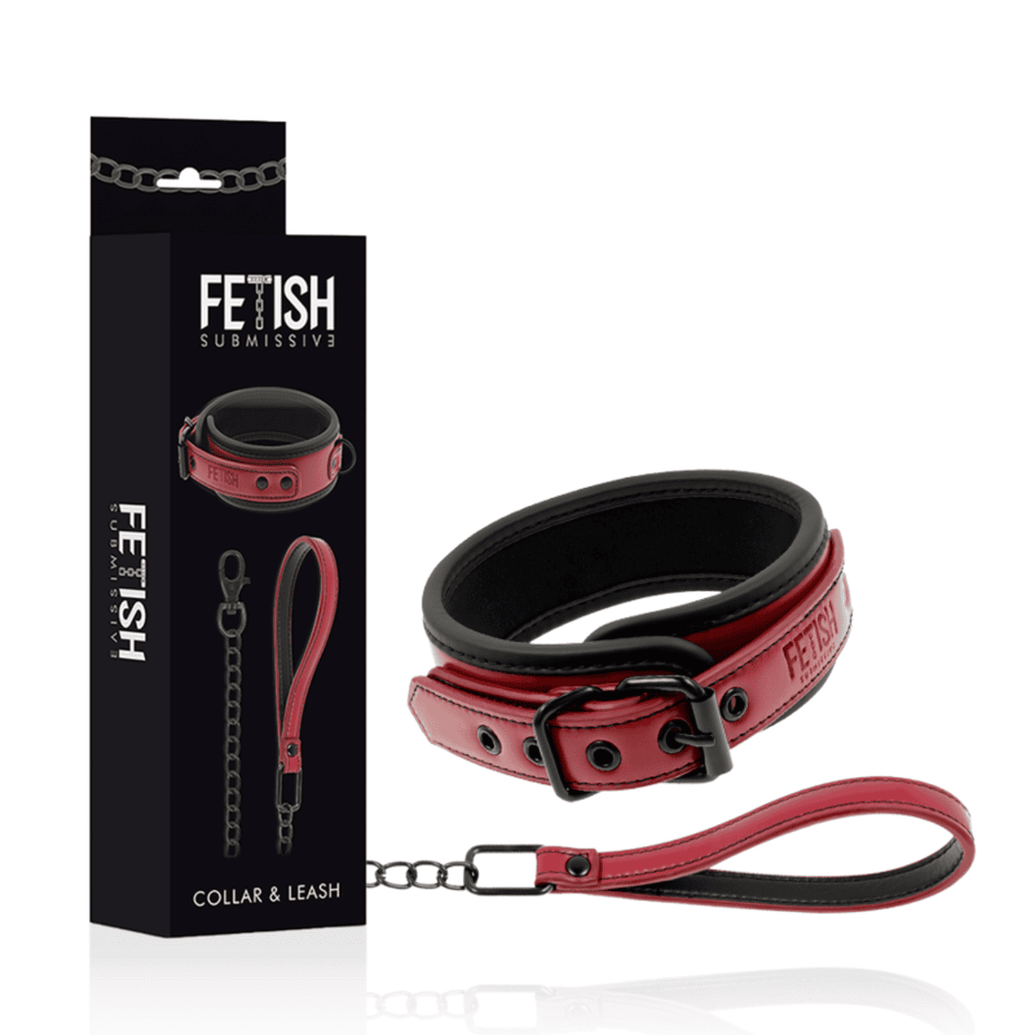 A BDSM collar with leash made from vegan leather in red and black colour with the box included