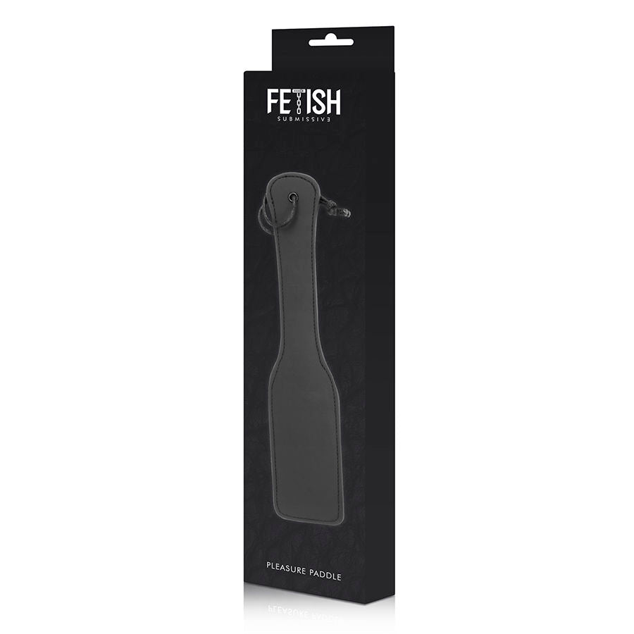 A vegan leather paddle for BDSM in black, with box