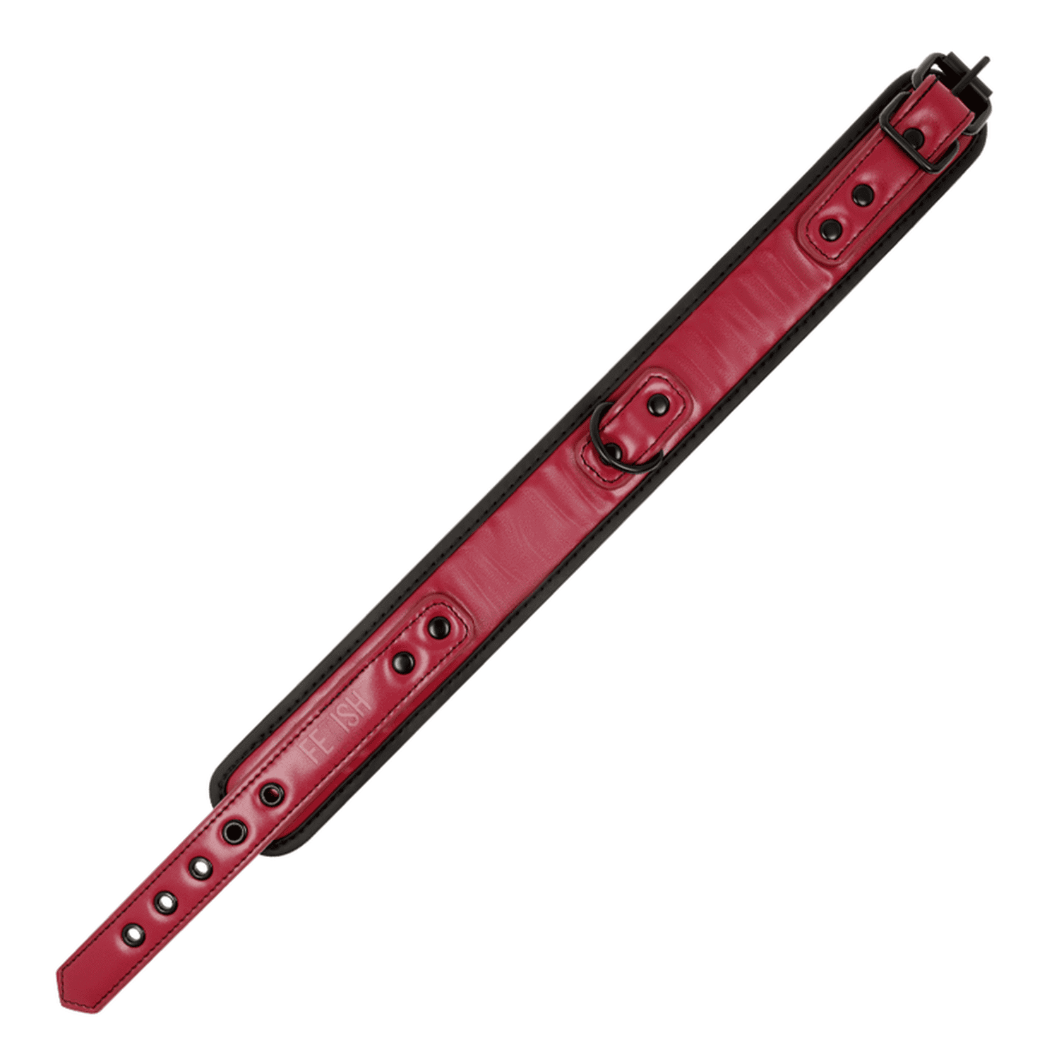 Top-view of a BDSM collar with leash made from vegan leather in red and black colour