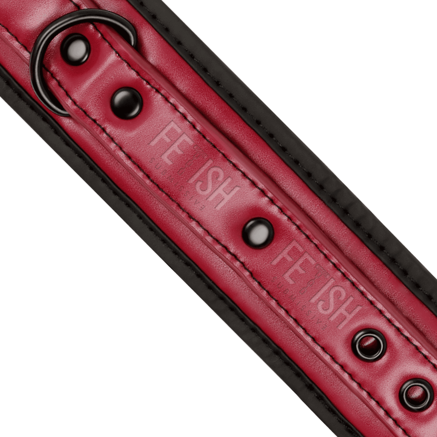 Detail shot of a BDSM ankle cuffs made from vegan leather in red and black colour